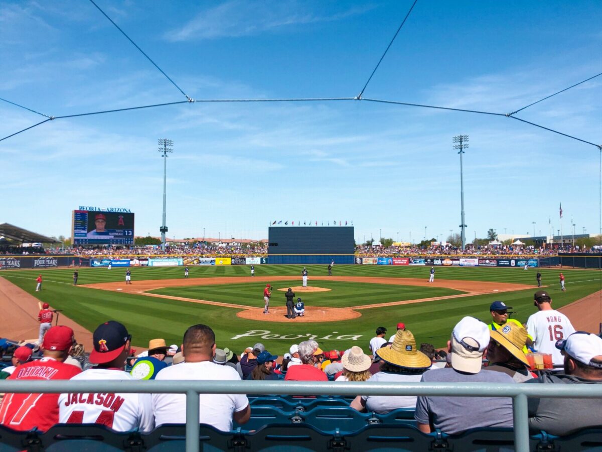 Fans watching a Spring Training baseball game at Peoria Sports Complex in Arizona.